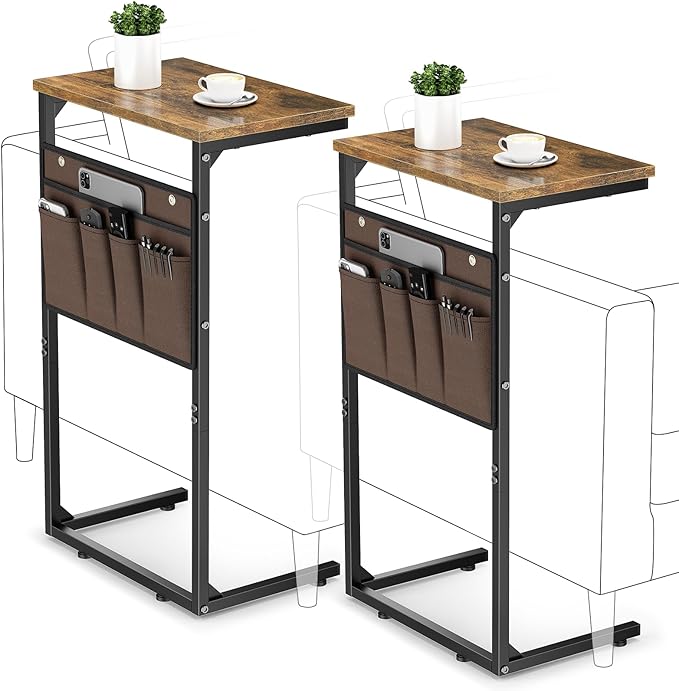 Vagusicc C Shaped End Table Set of 2, Tall Side Table for Sofa, Small Couch Side Table with Storage Bag, TV Tray Table for Small Spaces, Sturdy Slide Under Sofa Table with Metal Frame for Living Room