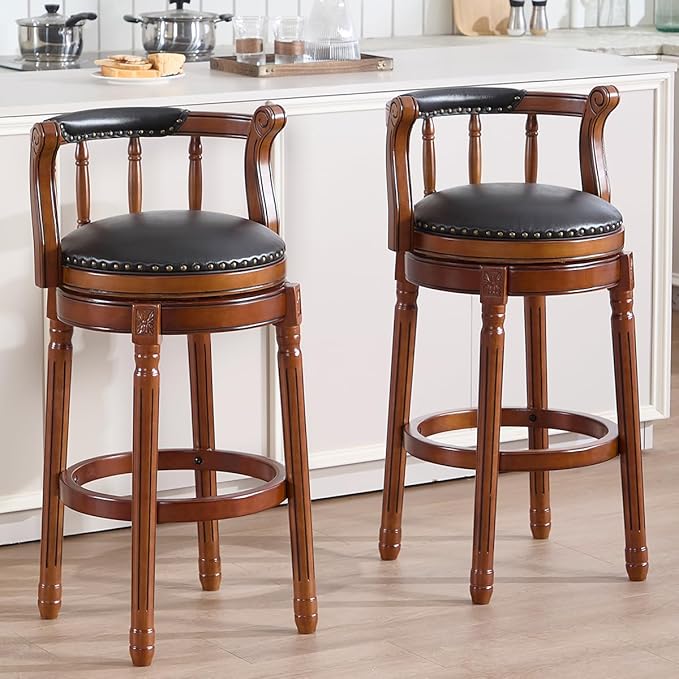 Cow top Leather Wooden Bar Stools, 360 Degree Swivel Bar Height Chair with Backs for Home Kitchen Counter, Morden Chair Barstools (Black-2pc, Bar Height-Seat Height 29.5”)
