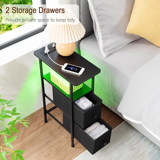 Narrow End Tables Living Room Set of 2 with Charging Station, Skinny Side Table with Fabric Drawers, Slim LED Nightstand for Bedroom, Small Spaces, Couch, Black, HETNDP02LBK