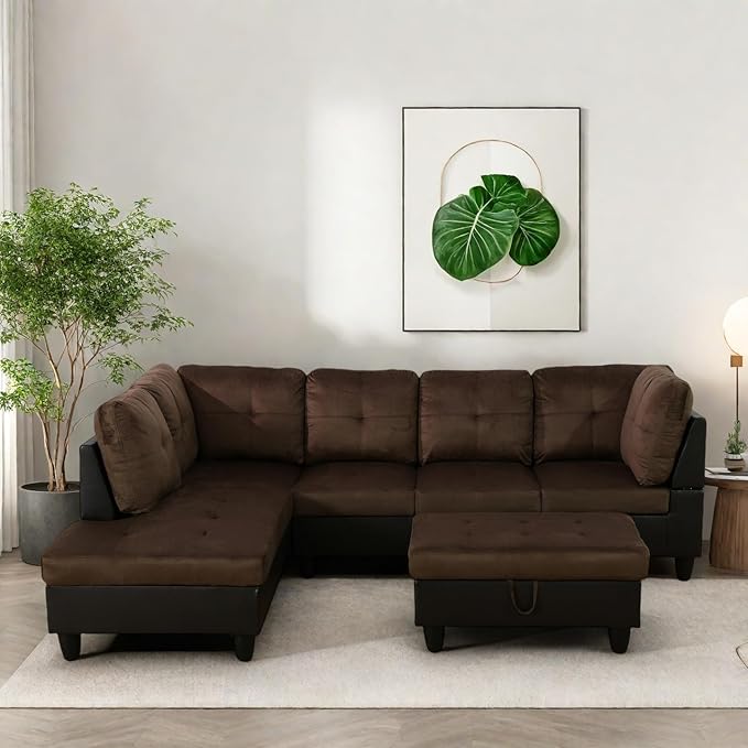 Modern Living Room Furniture Sets with Pillows, Modular Sectional Couches with Chaise Lounge, 4-Seaters L Shape Sofa with Storage Ottoman, for Living Room, Brown