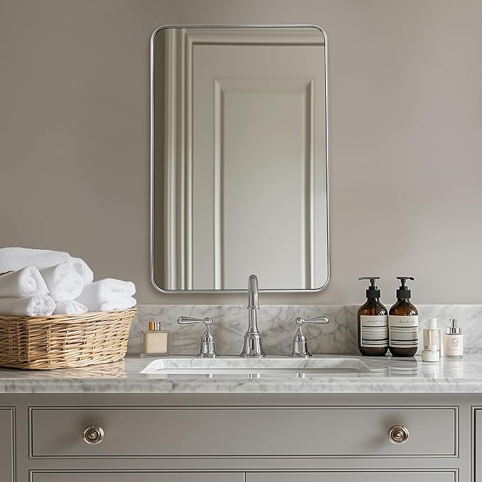 ANDY STAR Brushed Nickel Mirror, Stainless Steel Metal Frame 24x36 Inch Bathroom Mirror for Over Sink, Modern Rounded Corner Slim Silver Vanity Mirror for Wall Mounted Horizontally or Vertically
