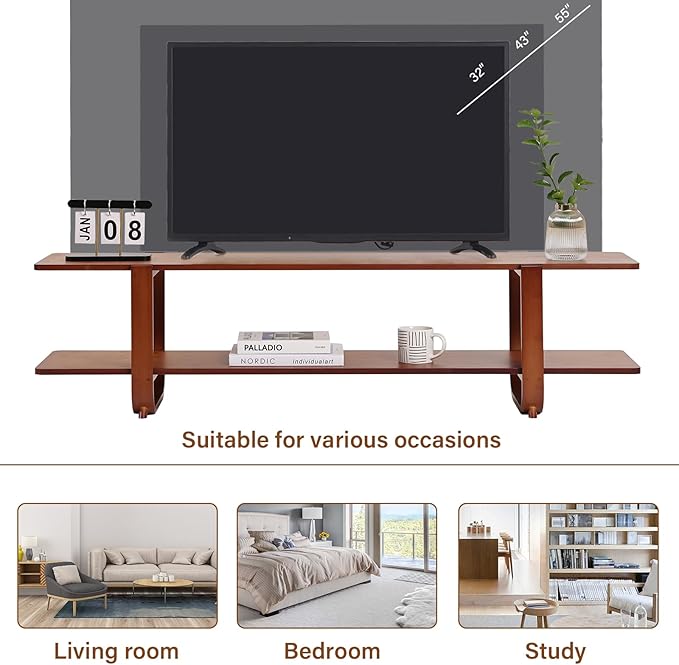 Tiita TV Stand with Storage for TVs up to 65'', Bamboo TV Console Entertainment Center with 2 Open Shelf, Mid Century Modern Media Console for Living Room, Bedroom, Walnut