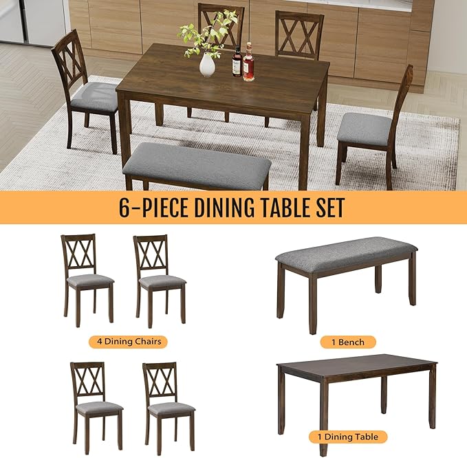 6-Piece Solid Wood Dining Table Set, Dining Table & Chair Set for 6, Including 1 Dining Table, 4 Upholstered Chairs and 1 Bench, Dining Table Set for Dining Room & Kitchen, Walnut