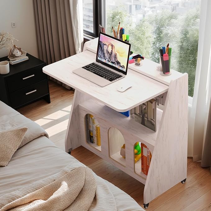 Pmnianhua Farmhouse Portable Desk on Wheels,Mobile Workstation,Rolling Computer Desk with Wheels and Storage for Home Office Small Space(White)