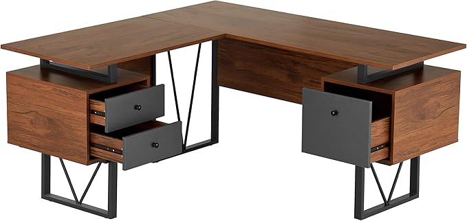 Techni Mobili Reversible L Shaped Desk with File Cabinet and Drawers 59” W – Modern Versatile L Shaped Office Desk with Drawers and File Cabinet - Brown