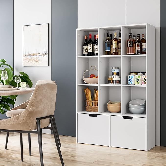 GarveeHome 55 Inches Tall Bookcase with 2 Drawers, Open Storage Bookshelf with 4 Tier Adjustable Shelves, Large Open Book Cabinet Standing for Home Office, White