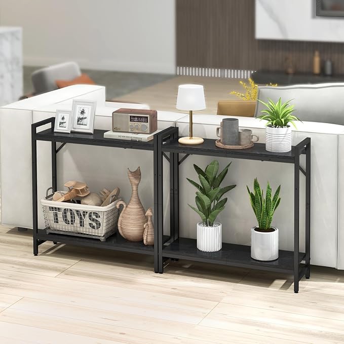 Narrow Console Table, 2 Tier Small Entryway Table, Sofa Table with 2 Support Bar, Industrial Couch Table, Thin Side Table, Display Table for Living Room, Hallway, Bedroom, Foyer, Black