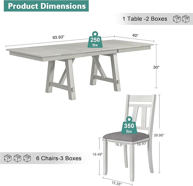 Wood Dining Table Set for 6, Modern Breakfast Dinette Kitchen Table with Chairs for Dining Room, Kitchen, Grey