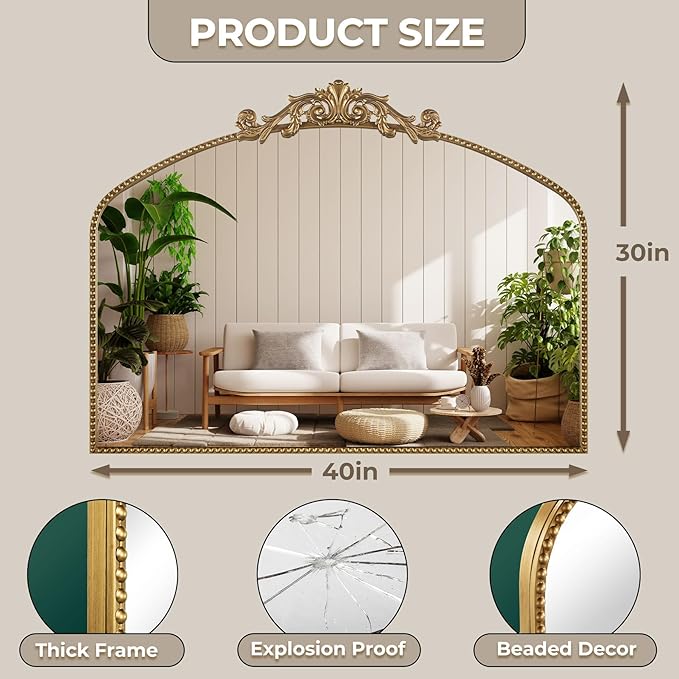 Gold Antique Mirror 40” x 30”, Large Ornate Mantel Mirrors with Arch Frame, Vintage Mirror Over Fireplace, Decorate Gold Beaded Frame for Living Room/Entryway/Dresser