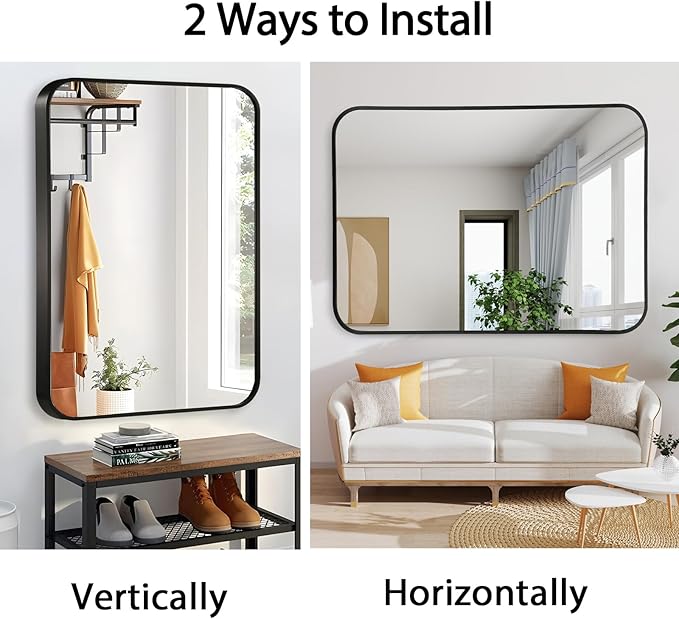 22x30 Inch Black Wall Mirror for Bathroom, Brushed Metal Framed Mirror with Rounded Corner, Rectangle Bathroom Vanity Mirror for Bedroom or Living Room, Horizontal/Vertical