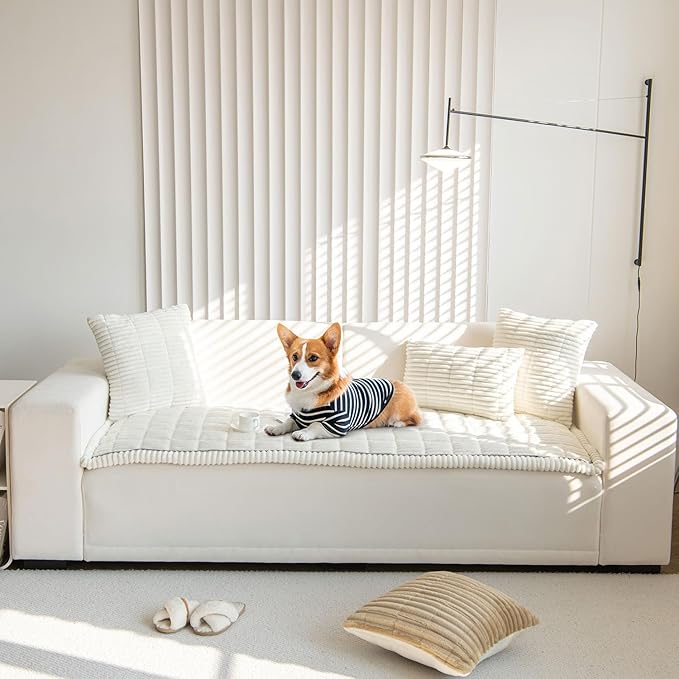 OTOB Couch Cover for Dogs Washable, Non Slip Plush Fuzzy Sofa Covers for 3 Cushion Couch Pet Friendly, Soft All Seasons Sofa Slipcover Cozy Furniture Protector (Cream, 31.5" x 82.7")