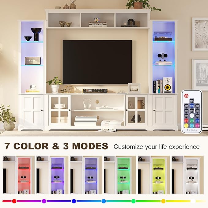 Wall Unit TV Stand with Storage & LED Lights, Large Entertainment Center with Bookshelves for TVs up to 75", Media Console for Living Room, White