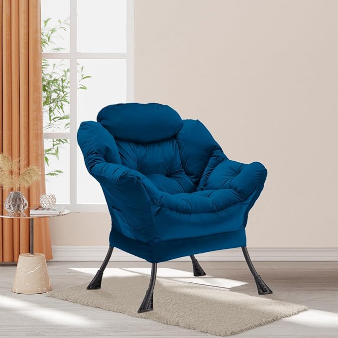 Lazy Chair Thick Padded, Comfy Velvet Accent Lounge Chair with Stable Frame, Leisure Sofa Armchair with Armrests and Side Pocket, Reading Chair for Bedroom, Living Room, Office, Blue