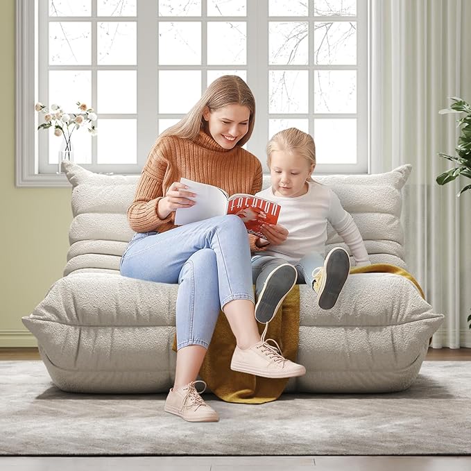 Bean Bag Chairs for Adults, BeanBag Reading Chair Memory Foam Couch, Floor Chair Soft Teddy Material, Comfy Reading Nook Chairs for Bedroom Living Room Office(White)