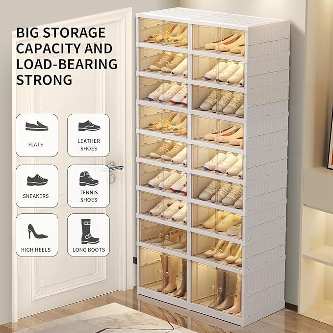 Foldable 9-Tier Shoe Rack Organizer for 18-36 Pairs - Collapsible Clear Plastic Shelf for Closet, Entrance or Front Door - Tall Stackable Folding Shoes Storage Boxes cabinet