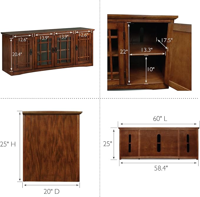 Leick Home 82360 Solid Wood Mission Oak Four Door TV Stand For 65" TVs Universal TV Console Living Room Storage Shelves Entertainment Center, Mission Oak