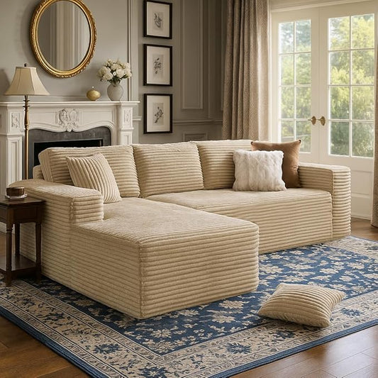 COMHOMA 105”Modular Sectional Sofa with Deep Seat,Cloud Upholstered L-Shape Couch Wide Arms Corduroy Fabric High-Density Foam Chaise Lounge for Living Room No Assembly Required