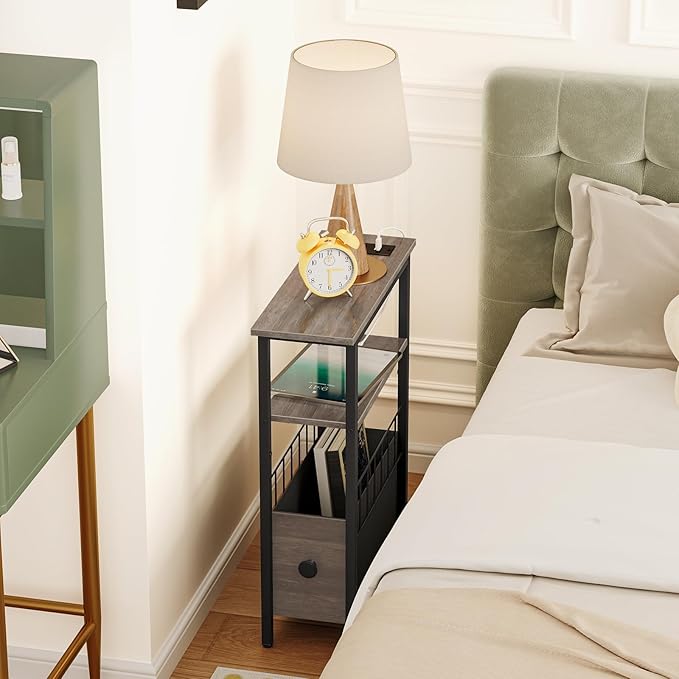 Snughome Narrow Side Table with Charging Station, Slim End Table for Small Spaces, 3 Tier Skinny Nightstand with Drawer, Sofa Beside Table with Storage Shelf for Living Room Bedroom Grey