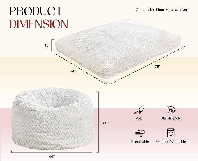 Hobestluk Bean Bag Chair Convertible Beanbag Chairs for Adults, 3 in 1 Bean Bags with Plush Chevron Cover, Adult Bean Bag Chair for Living Room, Bedroom (White, Full)