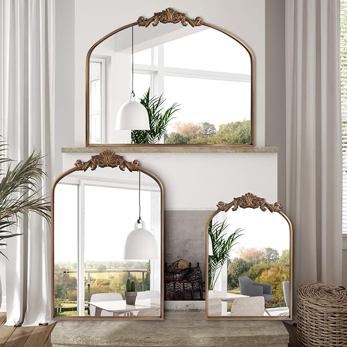 Gold Wall Mirror, Large Arched Vintage Baroque Ornate Mirrors, Traditional Decorative Antique Brass Mirror for Entryway Table, Living Room, Bedroom, Bathroom Vanity, Fireplace (30” x 36”)