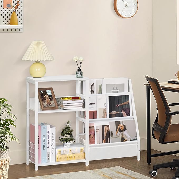 LELELINKY Record Player Table,Turntable Shelf with Vinyl Storage Up to 180 Albums,White Side Table with 3 Tier Magazine Periodical Book Rack,Wide Metal Record Holder Cabinet for Office, Music Room