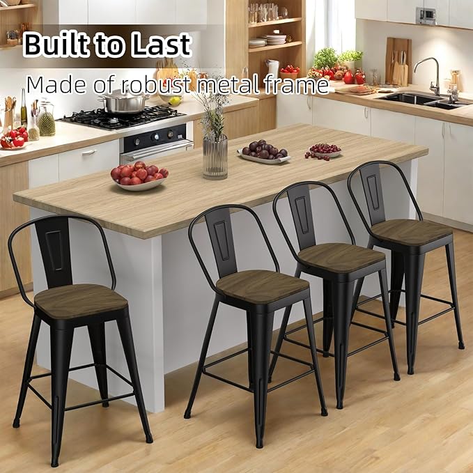 Metal Bar Stools Set of 4, High Back Bar Stools with Wooden Seat, 26 inch Black Barstools for Kitchen Island