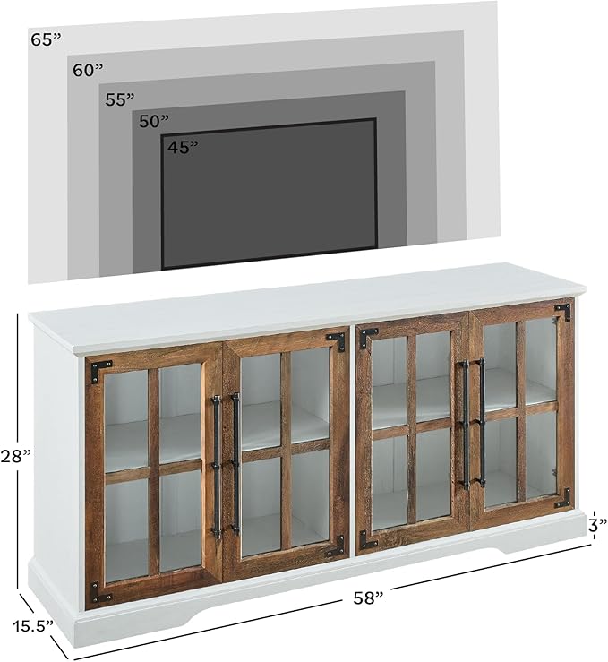 Walker Edison Modern Glass and Wood Universal TV Stand with 4 Door Storage For TV's up to 64" Flat Screen Living Room Storage Entertainment Center, 58 Inch, Rustic Oak