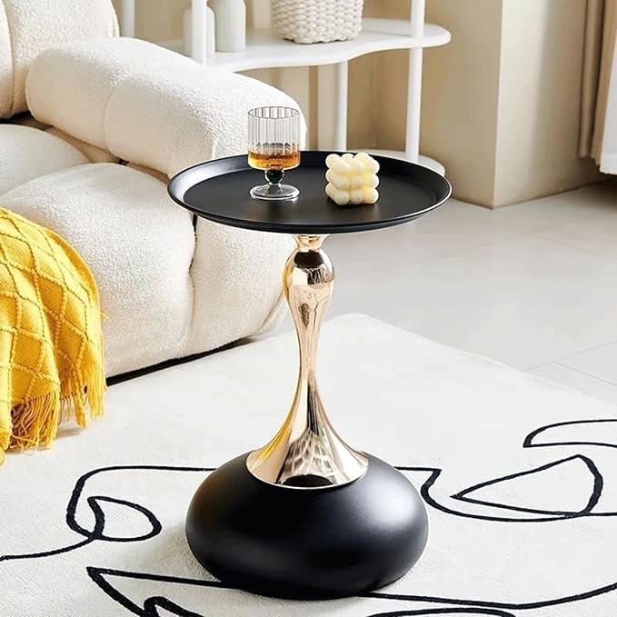Modern Round Side Table with Gold Pedestal Base, Black Metal Top, Accent End Table for Living Room (Black+Black)