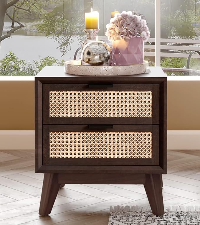 Bme Jasper Deluxe Solid Wood Rattan Nightstand Fully Assembled-Mid Century Modern Side Table with 2 Drawers-Multipurpose use for Living Room, Bedroom-Walnut