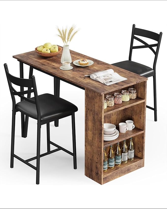 Garvee Bar Table and Chairs Set, 3 Piece Bar Table Set with with Flip Top Extension and Storage Shelves, Dining Table Set for 2, Suitable for Small Space Kitchen Apartment, Brown
