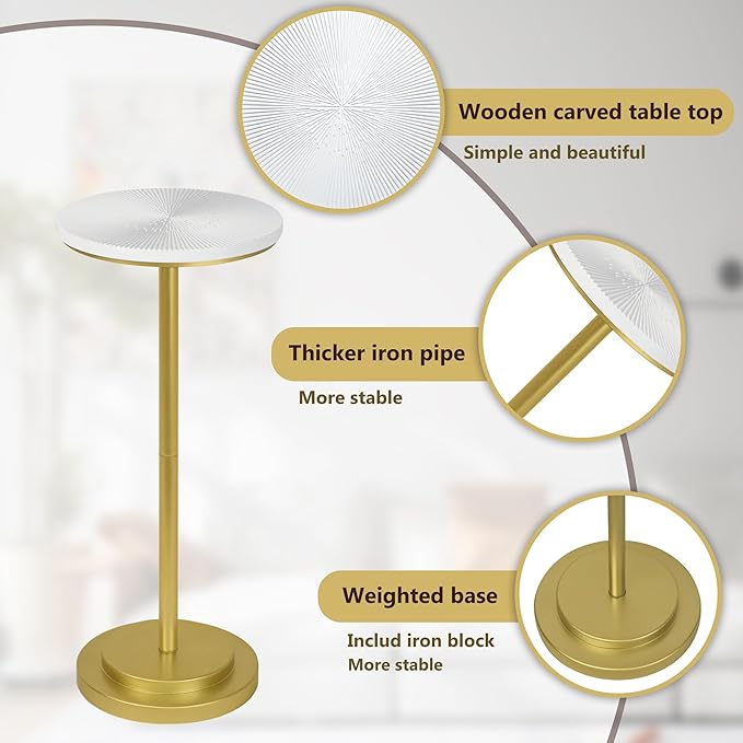Drink Table Set of 2, Small Round Pedestal Side Table with Carved Top for Living Room, Bedroom, Small Space, Corners and Office, White and Gold
