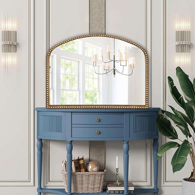 ironsmithn Gold Arched Mirror, 28"x36" Antique Mirrors with Beaded Frame, Classic Vintage Decorative Mirror, Marlowe Accent Mirrors for Mantel Fireplace Bedroom Bathroom Living Room Entryway