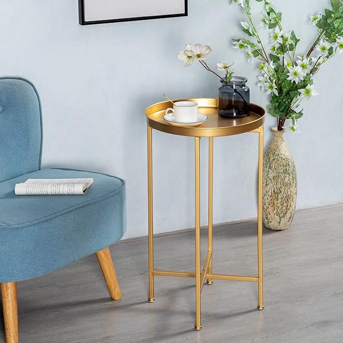 HollyHOME Small Round Metal Waterproof End Table, Accent Indoor&Outdoor Side Table, Sofa Table for Living Room, Anti-Rust Decorative Plant Stand, (D) 14.5" x (H) 25", Golden