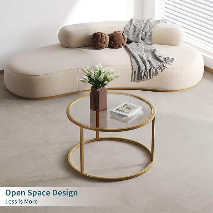 SAYGOER Small Glass Coffee Table Round Gold Coffee Table for Small Space Modern Simple Center Table with Gold Frame for Living Room Home Office, Easy Assembly