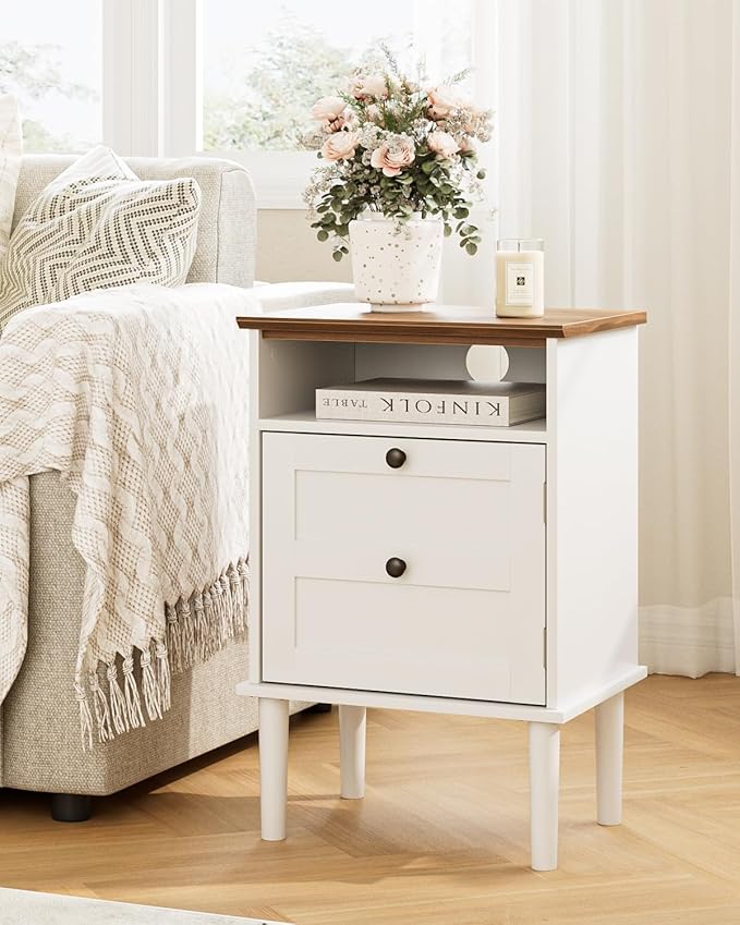 Nightstand, Boho Night Stand with 1 Drawer, Modern Side Accent Table with Open Shelf, Wooden Top Bedside End Table for Bedroom, Living Room, White