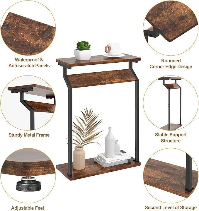 Narrow Side Table for Small Spaces, End Table for Couch, Slim Couch Tray Tables, Skinny Thin End Tables for Living Room, Bedroom, Rustic Brown