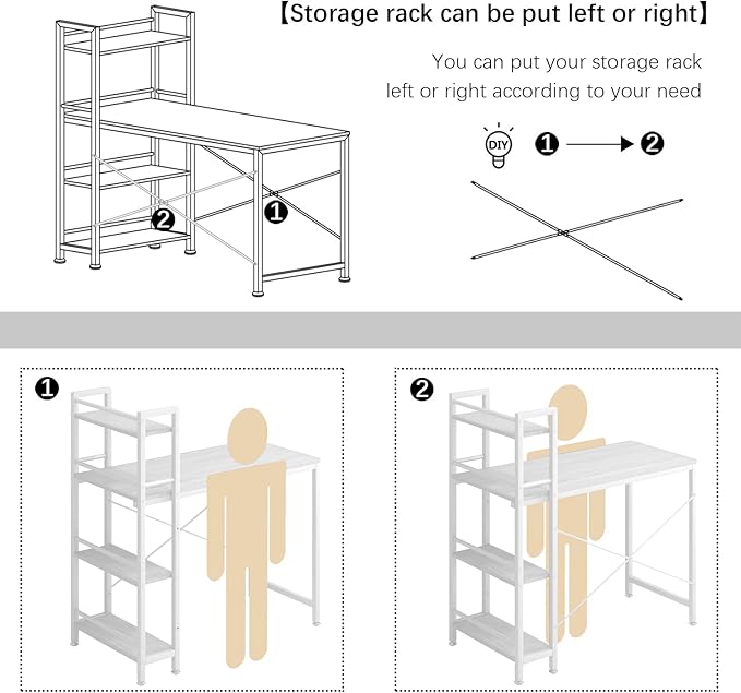 4NM 35" Small Computer Desk with 4-Tier Bookshelf, Home Office Desk Writing Workstation Study Table Multipurpose for Small Space Work - All White