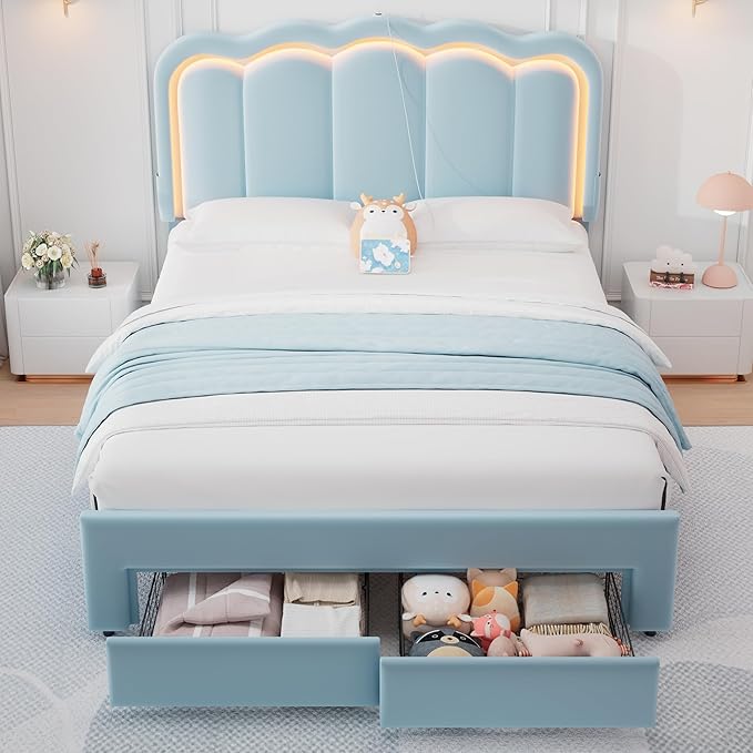 Full Upholstered LED Bed Frame with 2 Storage Drawers and Adjustable Chic Double Wavy Headboard, Velvet Princess Platform Bed with Charing Station, Solid Wood Slats Support,No Box Spring Needed,Blue