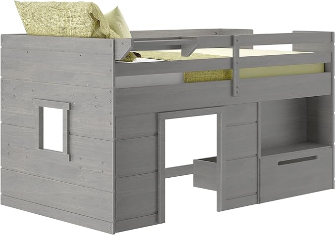 Max & Lily Loft Bed Twin Size, Solid Wood Low Loft Bed with Storage Drawer and Ladder, Modern Farmhouse Loft Bed for Kids, Driftwood