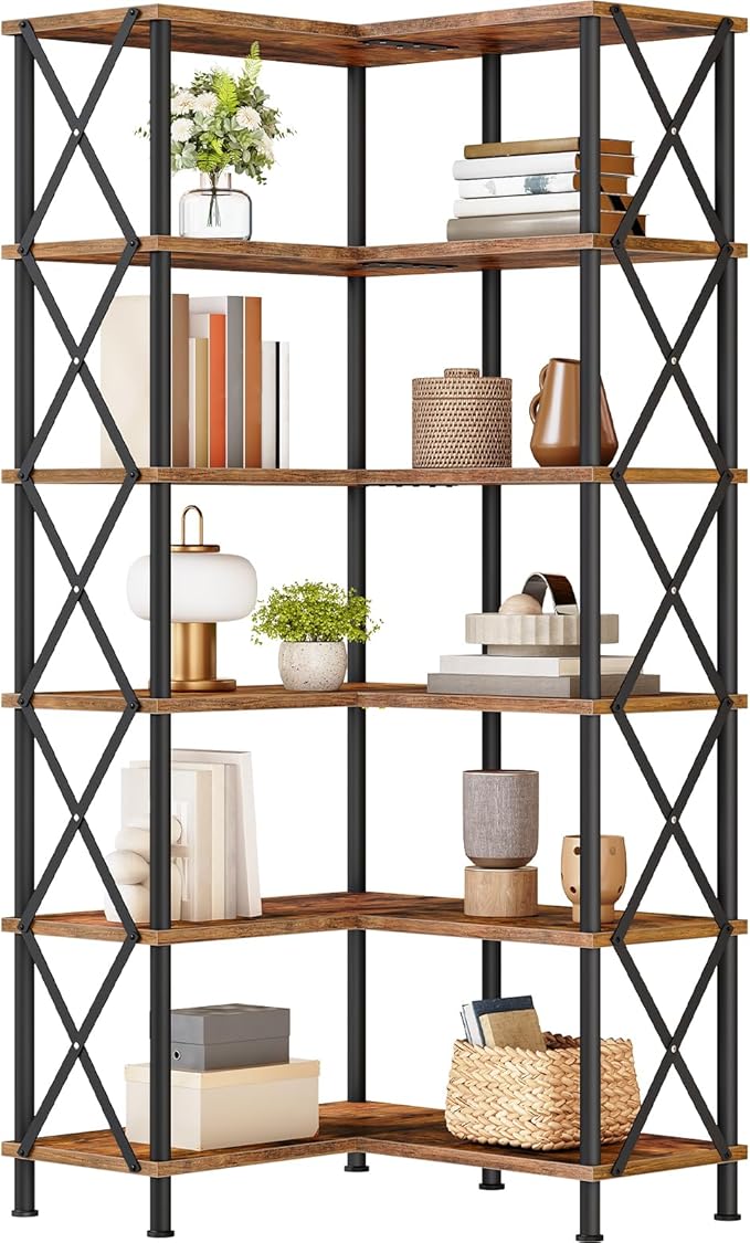 HOOBRO Corner Bookshelf, 6-Tier L-Shaped Bookcase, Industrial Open Display Shelf Tall Storage Organizer, Vertical Storage Rack, for Living Room, Home Office, Rustic Brown and Black BF61SJ01