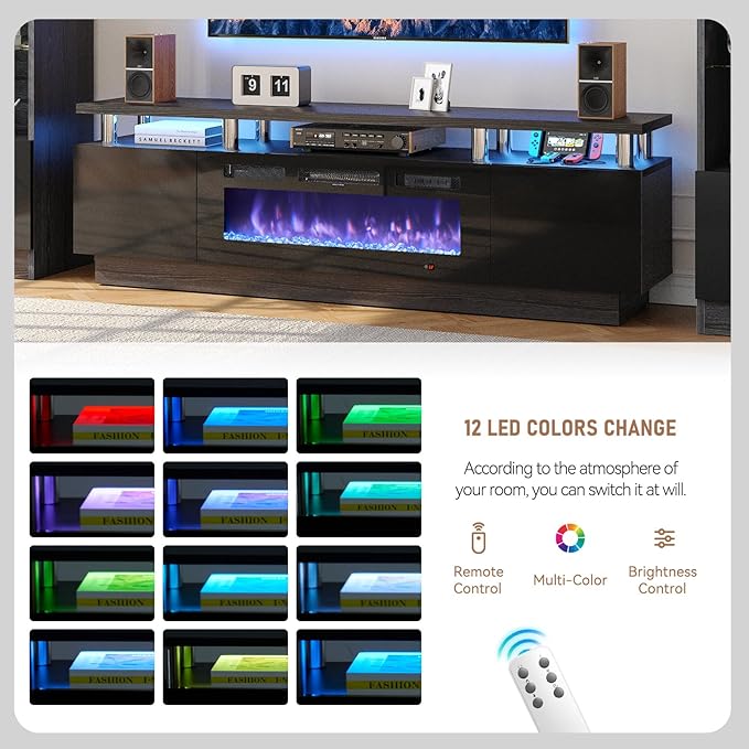 80" TV Stand for Living Room, Large Entertainment Center & Media Console, Fits TVs up to 90", Storage Cabinet with Shelves, 36" Electric Fireplace (All Black)