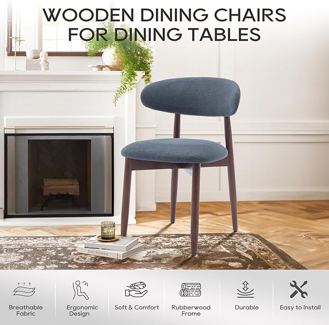 COLAMY Wooden Dining Chairs Set of 6, Modern Fabric Upholstered Dining Room Chair, Farmhouse Kitchen Chairs with Foot Pegs, Blue