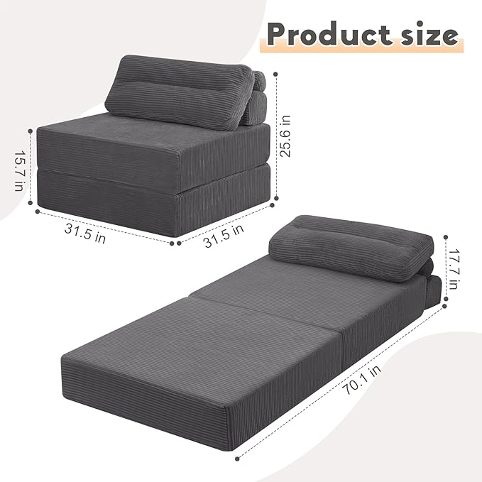 MeMoreCool Instant guest-ready comfort - Convertible sofa chair for small spaces & dorms, folds into a floor futon with pillow,removable machine-washable cover, no assembly,space-saving for overnights