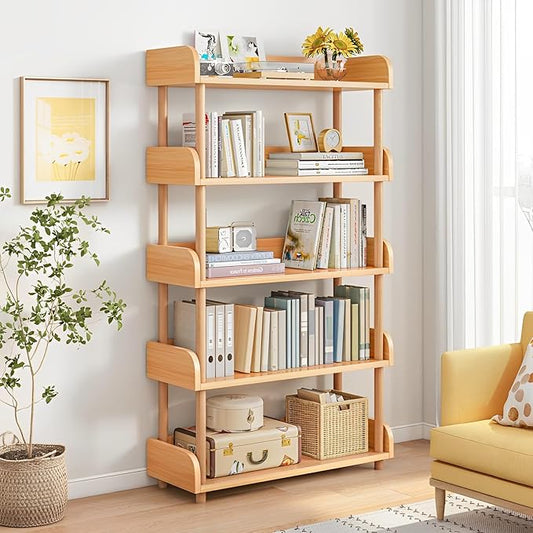 5-Tier Wooden Open Bookcase - Modern Display Bookshelf with Top Edge and Solid Wood Frame for Home and Office, Storage Cabinet, Oak