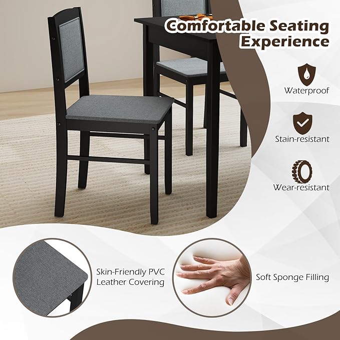 Giantex 5-Piece Dining Table Set for 4 - Breakfast Nook Table Set with Kitchen Table, 4 Upholstered Chairs, Wood Legs, Space-Saving Dinette Set, Kitchen Table Chairs Set of 4 (Black+Grey)
