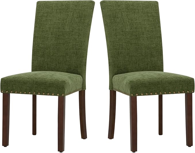COLAMY Upholstered Parsons Dining Chairs Set of 2, Fabric Dining Room Kitchen Side Chair with Nailhead Trim and Wood Legs - Green