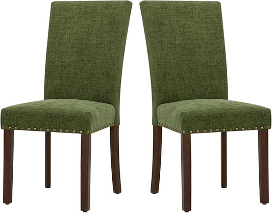 COLAMY Upholstered Parsons Dining Chairs Set of 2, Fabric Dining Room Kitchen Side Chair with Nailhead Trim and Wood Legs - Green