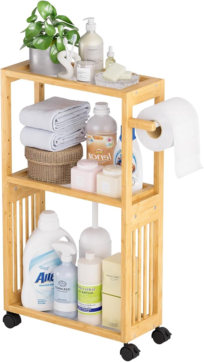 AmazerBath Slim Toilet Paper Holder with Storage Shelf Bamboo - Small Bathroom Storage Cabinet Next to Toilet, Skinny Shelf for Small Spaces, 3 Tier Rolling Stand for Bathroom Kitchen, Natural Color