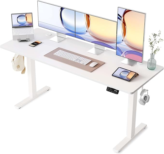 YIHAYO Electric Standing Desk, 63 x 24 Inches Stand Up Desk with Splice Board, Adjustable Height Desk, Computer Desk for Home Office, White Frame/White Top