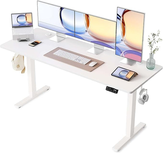 YIHAYO Electric Standing Desk, 63 x 24 Inches Stand Up Desk with Splice Board, Adjustable Height Desk, Computer Desk for Home Office, White Frame/White Top